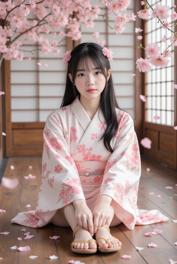 Super Realistic (((little Japanese girl with straight, chin-length black hair))) with intricate and elegant designs, flowing clothes, pola rumit, color palette pink and white, floral motif, smooth wings, grassy field background, bunga sakura