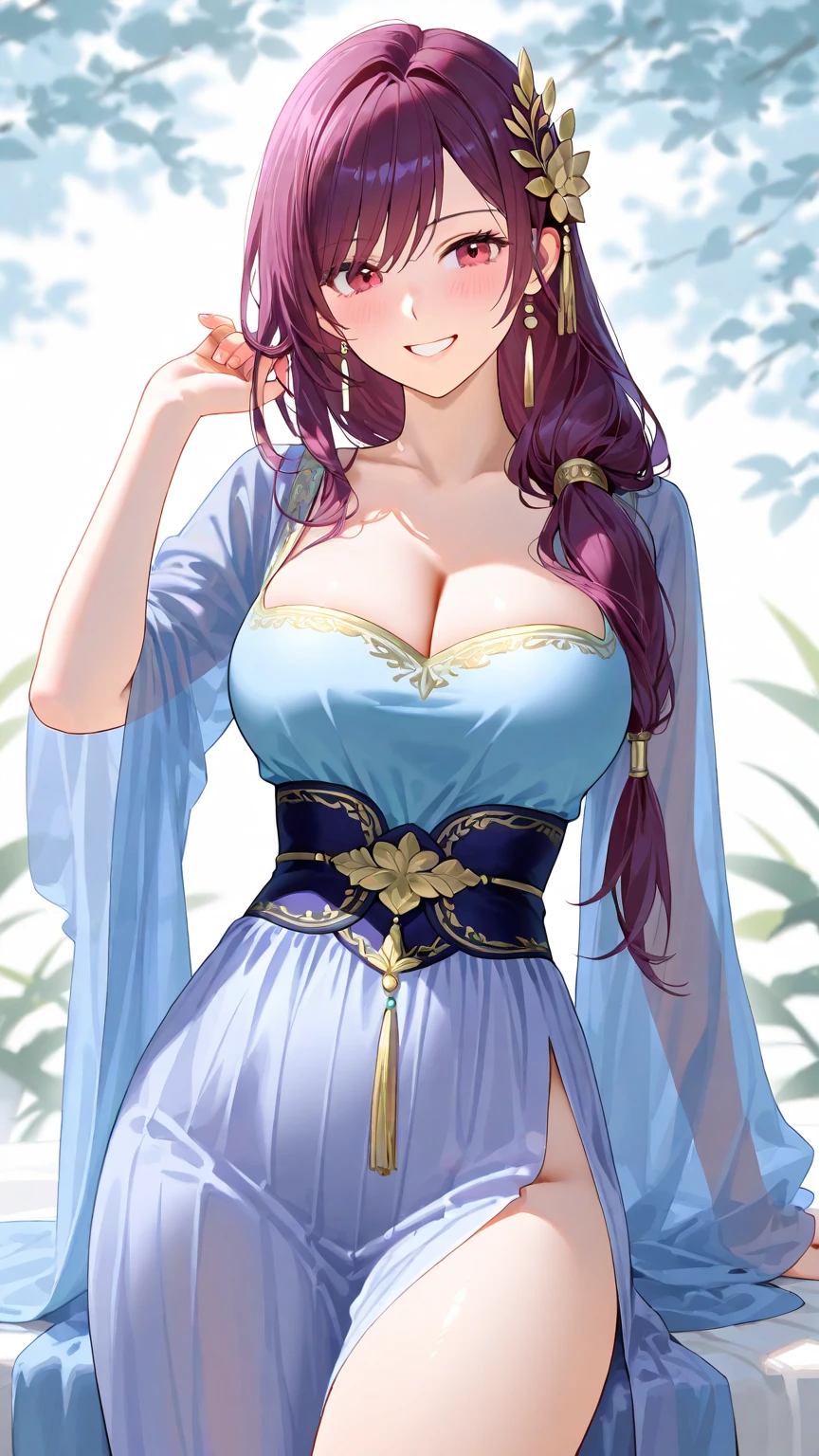 best quality, masterpiece, 1girl, (solo:1.1), raytracing, ultra detailed,detailed face, 8k wallpaper, (wide hips:0.8), smile, outdoor, NefertariViviOP_NDV, 1girl, blue hair, large breasts, long hair, brown eyes, cleavage, jewelry, pink dress,