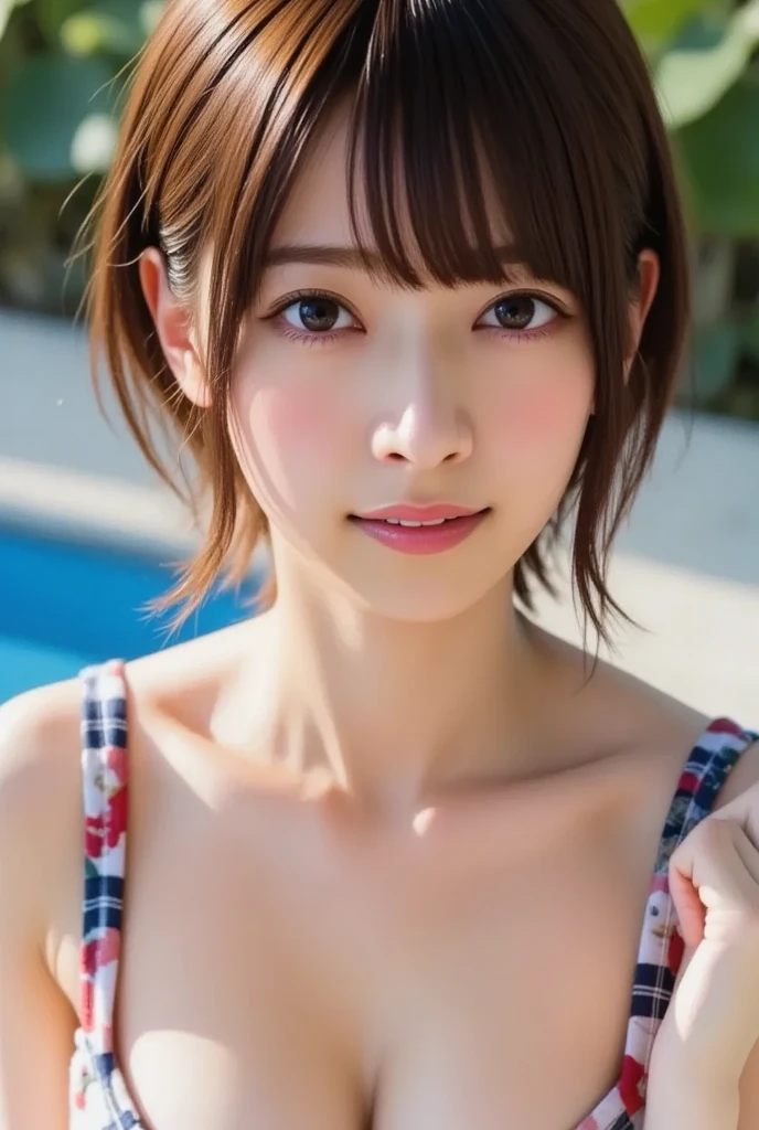 (8k, RAW photo, highest quality, masterpiece:1.2), High-definition RAW color photo, professional photos,(realistic, photo realistic:1.2), ((highest quality)),HDR, 1 girl,18-year-old,medium breasts, nipple, beautiful eyes,smile, japanese idol, very nice looking, cute, perfect face, blush, gentle expression, looking at the viewer, 1 girl, masterpiece,realistic,looking at the viewer,smile shyly,Nogizaka girl, round big eyes, shiny skin,small nostrils,light makeup,short hair,shallow depth of field, pool, swimsuit