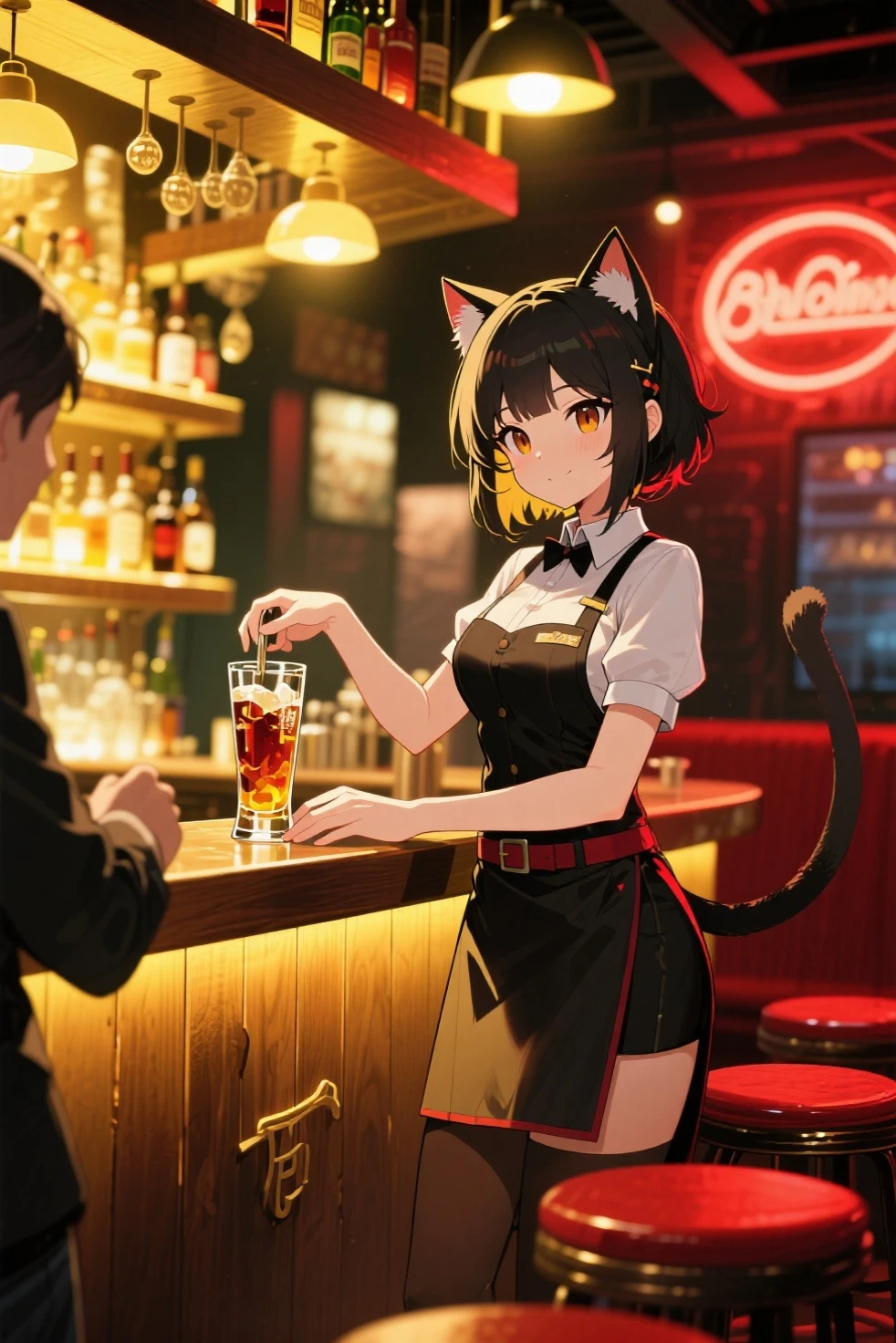 (((Breeds of calico cats)) Cats)  、Sitting at the bar counter、verd s eyes、(((Drinking beer)))、Cyberpunk style、((intricate-detail))、nffsw、 ((intricate detailes、ultra-detailliert))、Cinematic shots、vignettes