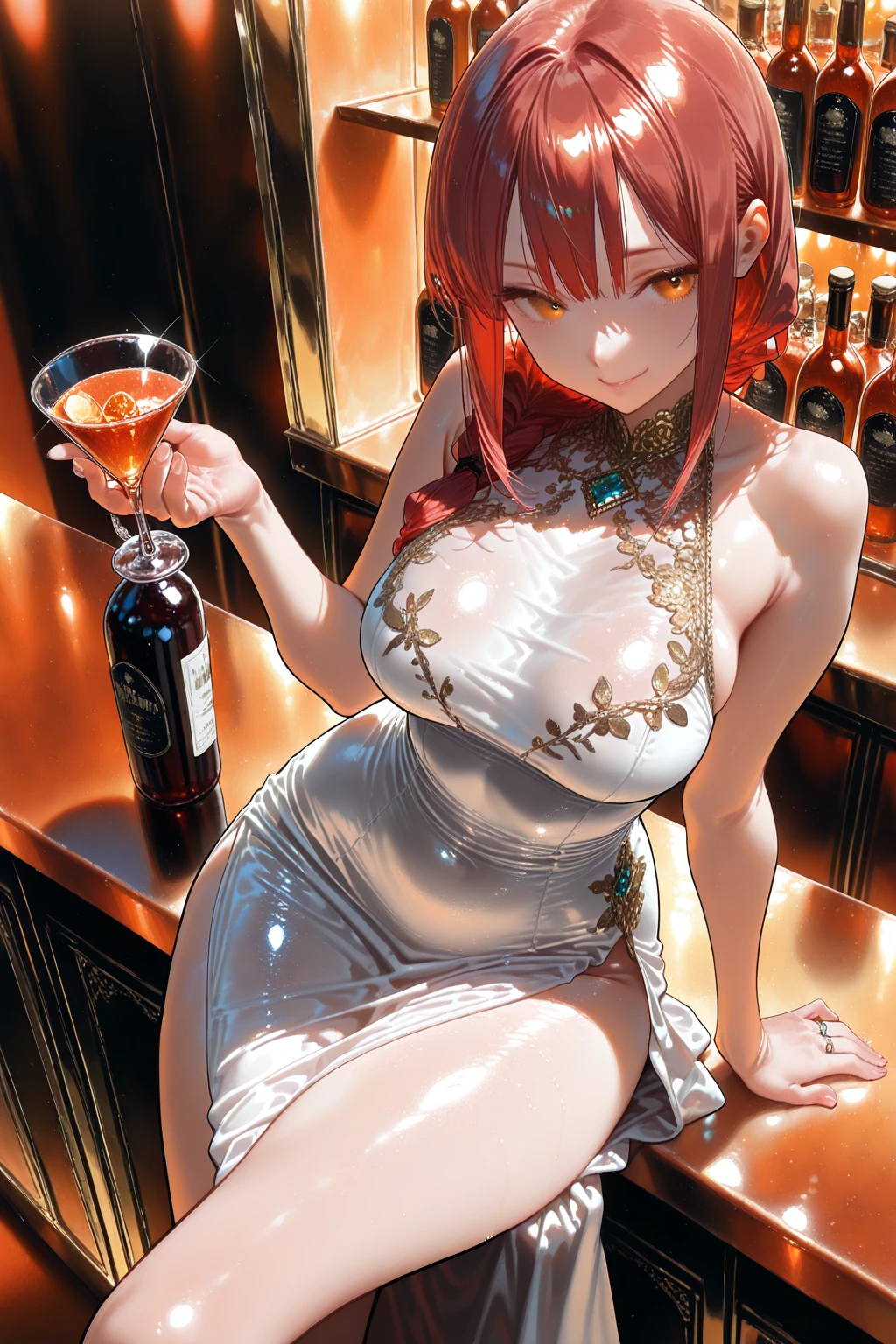 20-year-old women,Japanese,Clear images、Real women、Her bust size is a little larger than average, she has red hair, Short Bob Style、She is wearing a suit and a tight mini skirt。Wearing a one-piece dress。She wears shiny red high heels。
she、Drinking too much alcohol、Drunk and sitting back in the bar,
She's drunk quite a bit from drinking too much alcohol。
Staring at the person next to you with half-open eyes and mouth.。