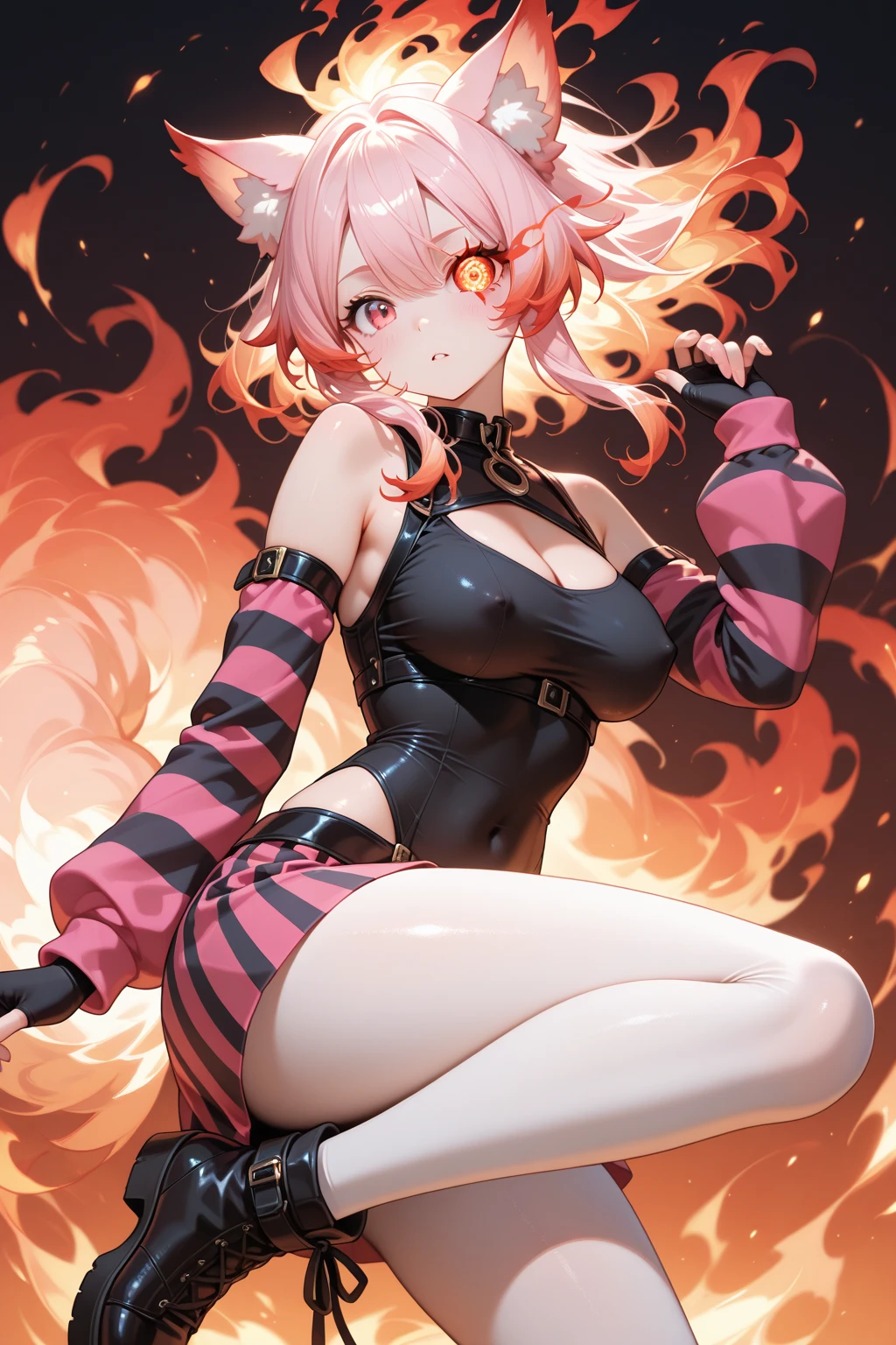 top-quality、masterpiece、1girl、Wet、Nipple see-through、medium full breasts、there is a bulge in the chest、full body、evil grin, Trance、short red hair, tan skin, yellow eyes、Spread your legs apart, Sheer Leotard