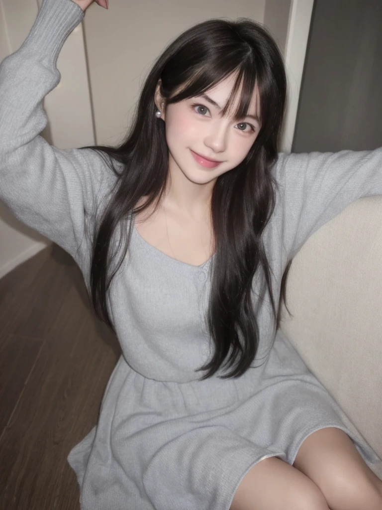 there is a young girl with long black hair posing for a picture, cute kawaii girls, young cute wan asian face, ulzzangs, 8k selfie photograph, slight cute smile, Innocent smile, very beautiful cute catgirl, Anime girl in real life, young and cute girl, warm and gentle smile, young lovely Korean faces, Cute natural anime face