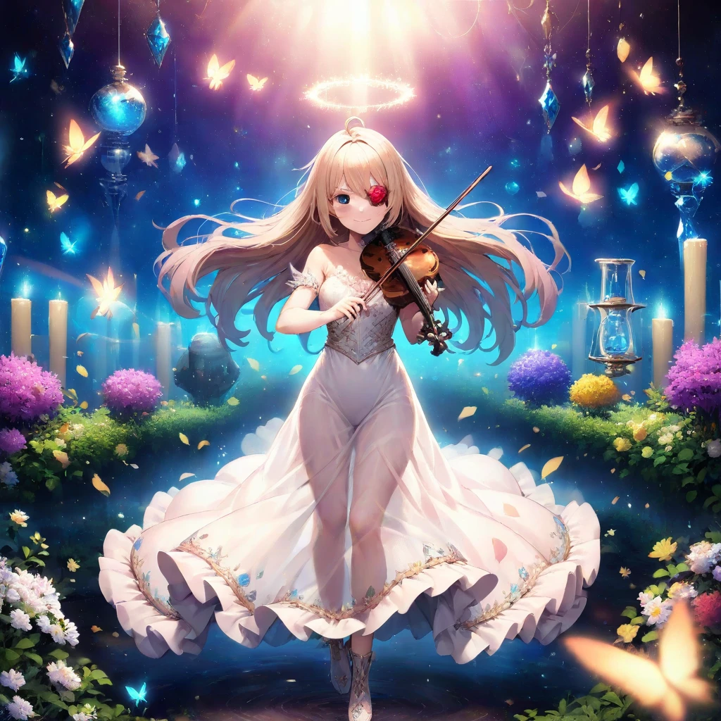 masterpiece, best quality, absurdres, 1girl, solo, Aurora\(Fate\), Aurora\(Fate\)'s off-shoulder gown, Aurora\(Fate\)'s diadem, Aurora\(Fate\)'s gradient butterfly wings, Aurora\(Fate\)'s neck ring, playing instrument, violin, closed eyes, light smile, outdoors, sky, wind, <lyco:syyle-jimaXL_ANI31_lokr_V43P1:0.7>, <lora:Aurora-anxl31-000059:0.8>,
