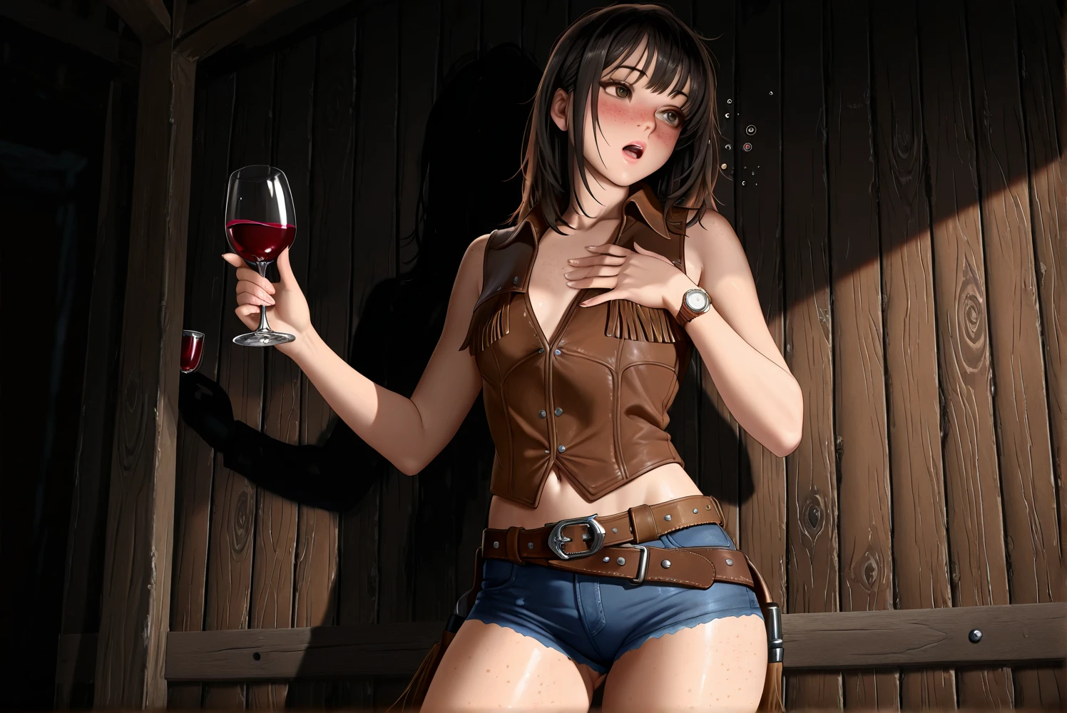 (((One beautiful woman:2.0))),(((NSFW:1.8))),((Nude:2.0))),(((Wearing a gun belt with a holster on his waist:1.8))),((Wear a watch on your wrist:1.9))),(((Showing cleavage))),(((Exposed thin inner thighs))),(((Small breasts:1.5))),(((Bare arms))),((Blushed:1.8)), Beautiful detailed girl, Very detailed目と顔, 緻密でBeautiful Eyes, Very detailed, High resolution, Highest quality, masterpiece, Very detailed, 8k wallpaper, wonderful, finely, Highest quality,(Standing in front of a wooden wall),Beautiful Eyes,((Model pose:1.8)),((Above the knee shot:1.5))),(((Depict the whole body:1.9))),((Drinking whiskey:1.4)),(((Place your hands on your chest:1.5))),(((Strong drunk:1.8))),(((Cry:1.9))),(((Sit cross-legged on a chair:1.5)))