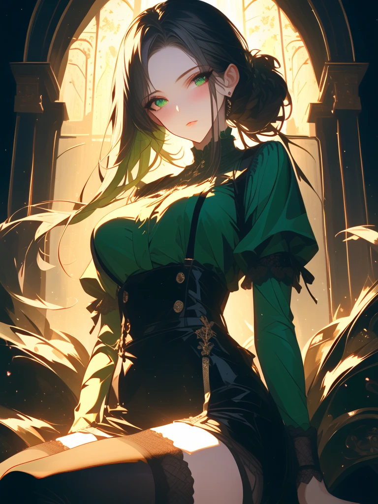 Black background with spotlight,　((((masterpiece)))), expensive quality, very_expensive_solve, big_file size, Full Color,Highly detailed artwork,mature elf １people((Dark Skin:1.5,golden eye:1.4,Bright 緑hair:1.3,Gal Style,big ,)), Leopard print underwear,Tianshangyuan_Asuka,1peopleの,length_hair,duel_School_uniform_\(Yu-Gi-Oh!_gx\),brown_eye,hair_between_eye,big_chest,yellow_eye,green_skirt,white_Jacket,miniskirt