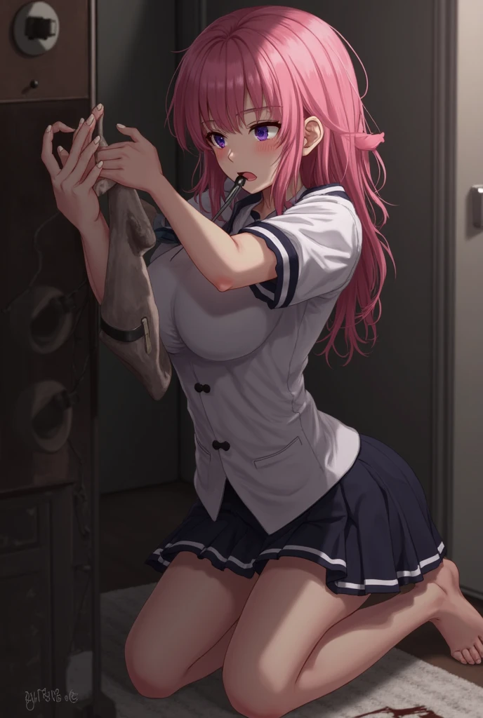 (ultra-detailed, best quality, anatomically perfect body), (parted lips:1.6), shiny skin, (1 girl), dwarf, medium, (have to pee, very desperate to pee, want to pee:1.2), (waiting in restroom:1.2), (standing:1.3), (navy school uniform:1.3), (long skirt:1.8), (socks, leather shoes, hime cut:1.3), (knees together and feet apart:1.4), (Rub each other's thighs:1.4), (hand between legs:1.2), (leaning forward:1.1), (hold the crotch:1.4), (constricted pupils:1.2), (blush:1.8), (embarrassment:1.5), flowing sweat, (impatience, sense of crisis:2), irritate, (breathless:1.4), (looking away:1.3), (full body:1.1), from side