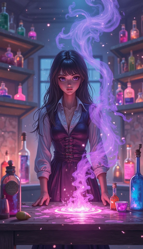 (fantasy:1.5),(anime,8k,masterpiece, top quality, best quality,beautiful and aesthetic:1.2,professional illustrasion:1.1,ultra detail:1.3,perfect lighting),extremely detailed,highest detailed,incredibly absurdres , highres, ultra detailed,intricate:1.6,(Alchemy Workshop:1.4),A girl mixing,Medicine in many small bottles,holding small potion,colorful:1.4,zentangle,(1girl),(girl),(Three kingdoms female warload),(highly detailed beautiful face and eyes,firm breasts),oily skin,((black,hair,short bob with short pony tail hair)),thin pubic hair,cute,lovely,34 years old,alchemist costume,Merchant's Clothing,smile,in the kitchen,smile,seductive weak smiling,(with sparkling eyes and a contagious smile),open mouth, Looking at Viewer,
