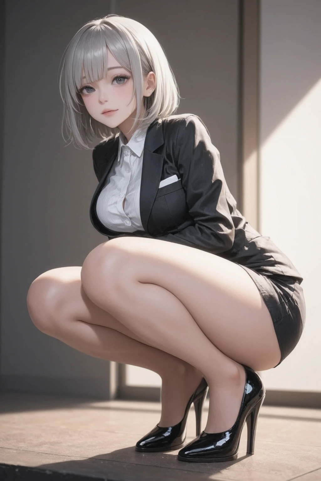 best quality, 32k, RAW photo, incredibly absurdres, extremely detailed, delicate texture, beautiful lady, amorous and lewd expression, shy, wearing stylish blazer and miniskirt style high school uniform, perfect body line, iridescent glossy white short bob cut hair, professional lighting