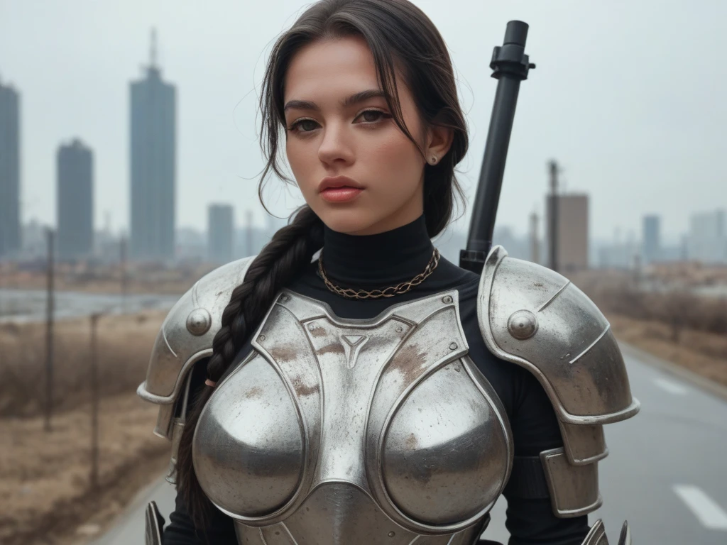 tv_Jane_Black_MXAI_V1, Anime, full-figured (Female:1.3) , wearing Vulgar armor, her iron armor has buttons, orange Angelic Halo, [Gamer:Sci-fi:10] hillside and Radio galaxy in background, Cinestill, art by Thomas Saliot, Jan Toorop, close-up
