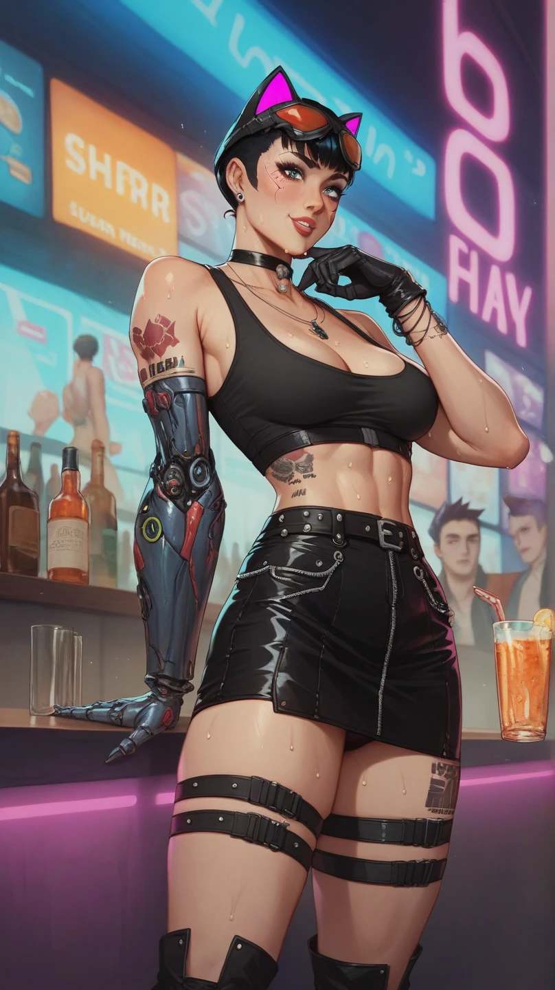 Top quality, masterpiece, masterpiece, highly detailed 8k wallpaper, realistic, incredibly detailed, transcendent beautiful girl, very short hair, black hair, (mechanical limbs: 1.1), tank top, low-rise shorts, tattoo on the body, evil smile, sitting on a chair cross-legged, tavern, mug beer, counter table,