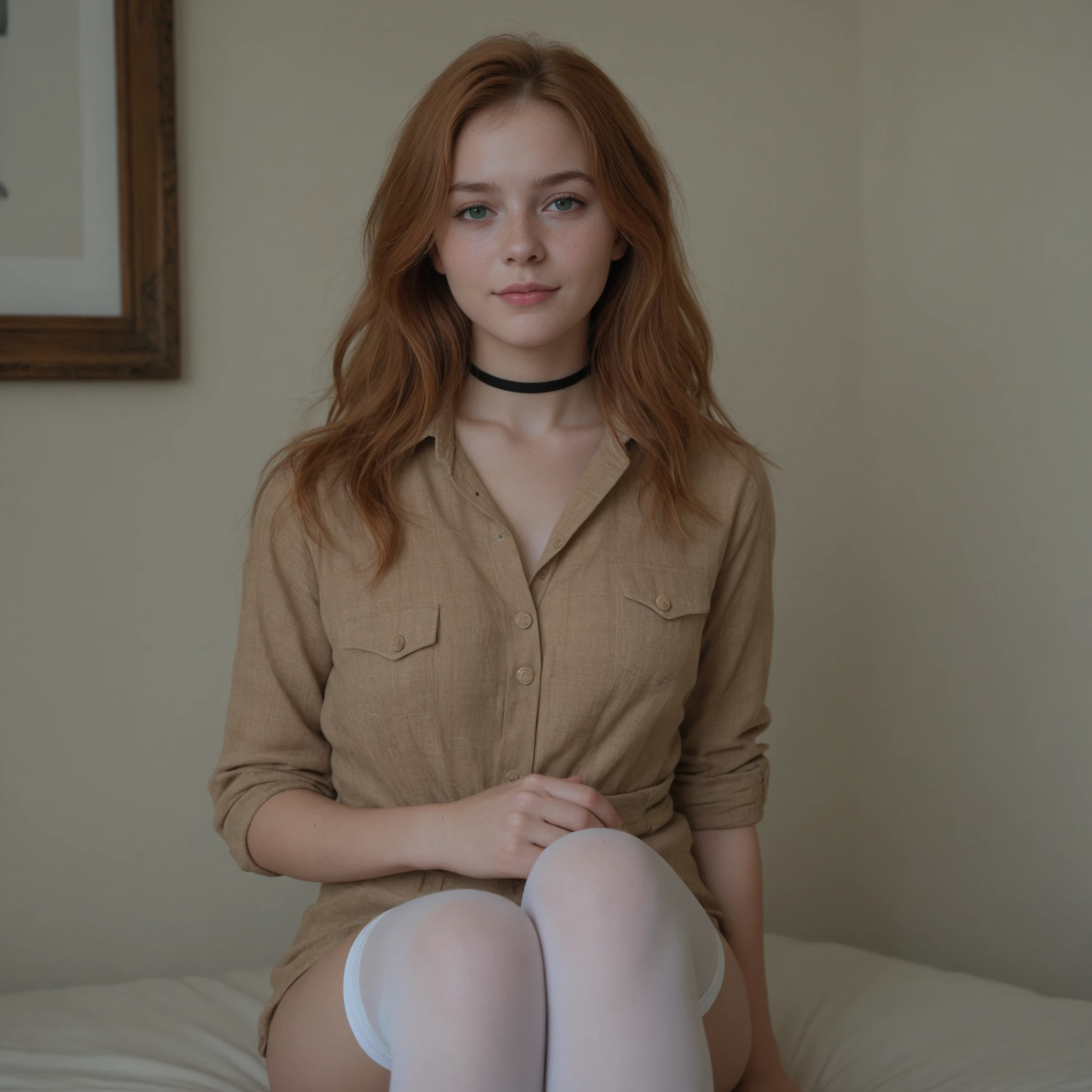 Sophia Lillis, thick body, naked, pale skin, long wavy hair, small breasts, goth makeup, thick thighs