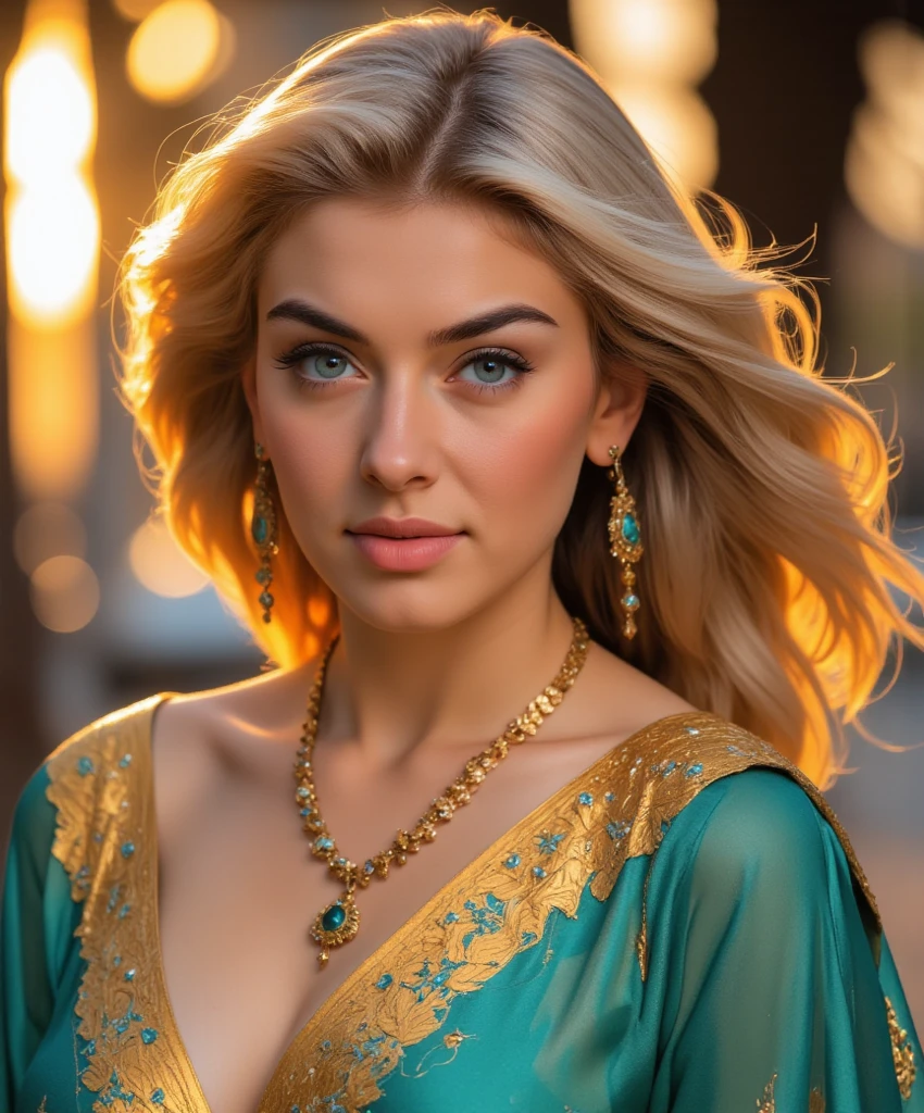 Close up, woman, blonde, plump, green eyes, wearing a latest style blue embroidered and decorated caftan, holding the Algerian flag around her neck in white and green, looking directly at the camera, she is standing on a beautiful waterfall