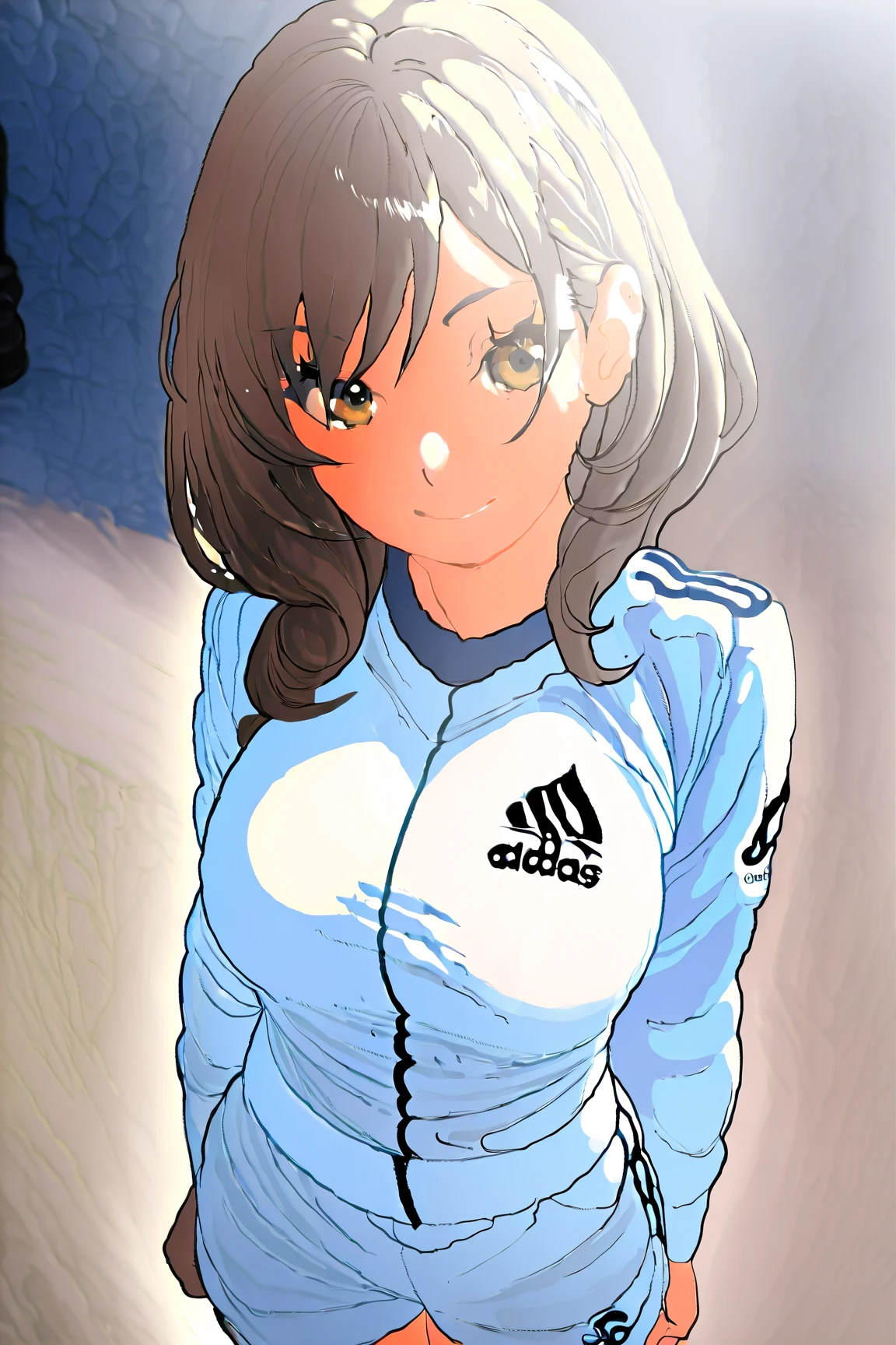 Koyomi Mizuhara, brown hair, long hair, glasses, brown eyes, luscious lips, Sleeved shirt jersey, large breasts, adidas biker shorts, socks, shoes, Wallpaper, Standing upright, sexual poses, close up, side view, Angle view,