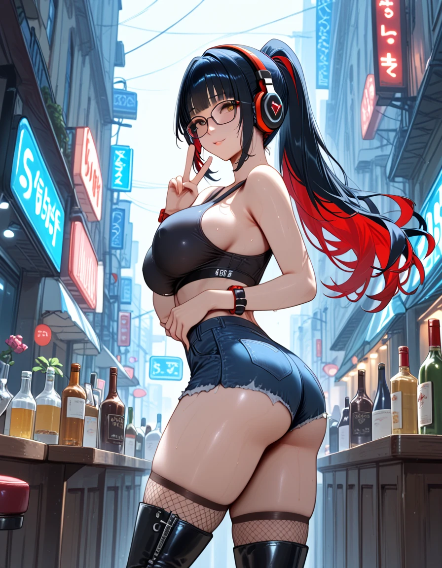 ((best quality)), ((masterpiece)), ((detailed eyes)), perfect face, female, gamer girl, ((aqua eyes)), cherry-red lips, light smile, long black hair, purple streaked hair, wearing headphones, bangs, ribbon, choker, nerdy glasses, she is wearing a bikini, breasts, thighs exposed, outside at night at an ally way, she is on four limbs on the ground, crawling, view from behind, nighttime, neon lights, colorful lights