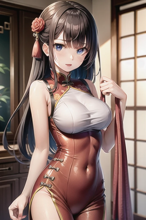 ((highest quality)), ((masterpiece)), (Very detailed), (Very high resolution), 4k, Anime 2D Rendering, Realistic,
One Girl:1.5,
BREAK Symmetrical Face:1.4, Perfect Face, Beautiful clavicle, Beautiful fingers, Beautiful breasts, (Slightly smaller chest),
Beautiful body, Beautiful thighs, Beautiful feet, Perfect round butt, (Detailed skin), Tanned dark skin:1.5, Shiny skin:1.4,
BREAK Baby Face, cute, 18-year-old,
Double eyelids, Natural eyebrows,
(Slanted Eyes), Beautiful and delicate eyes, Sparkling eyes, (Dark blue eyes),
plump mouth, Glossy mouth,
BREAK Beautiful Hair, Shiny Hair, Hair fluttering, bangs, (Black Hair), Double bun on both sides:1.5,
BREAK
((Red Chinese Dress:1.4, Tight Dress、Long pencil skirt))、(Black knee-high stockings)、(Black high heels), Earrings、Gold Necklace、
BREAK
(smile), ((one eye closed)), Cowboy Shot, sunlight, blue sky