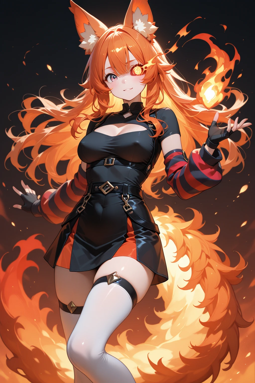 masterpiece, best quality,<lora:SinderV1-000100:1.0>, SinderNor, 1girl, breasts, spikes, jewelry, virtual_youtuber, bracelet, skirt, thighhighs, tongue_out, spiked_bracelet, tongue, large_breasts, shirt, black_skirt, boots, blonde_hair, fishnets, wolf_tail, looking_at_viewer, orange_fire