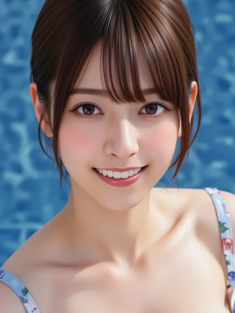 poolside, bright daylight, medium-shot portrait of a cheerful idol in a bikini, cute pose, peace sign, sparkling eyes, photorealistic, sharp focus, commercial photography, skin details, hyper details