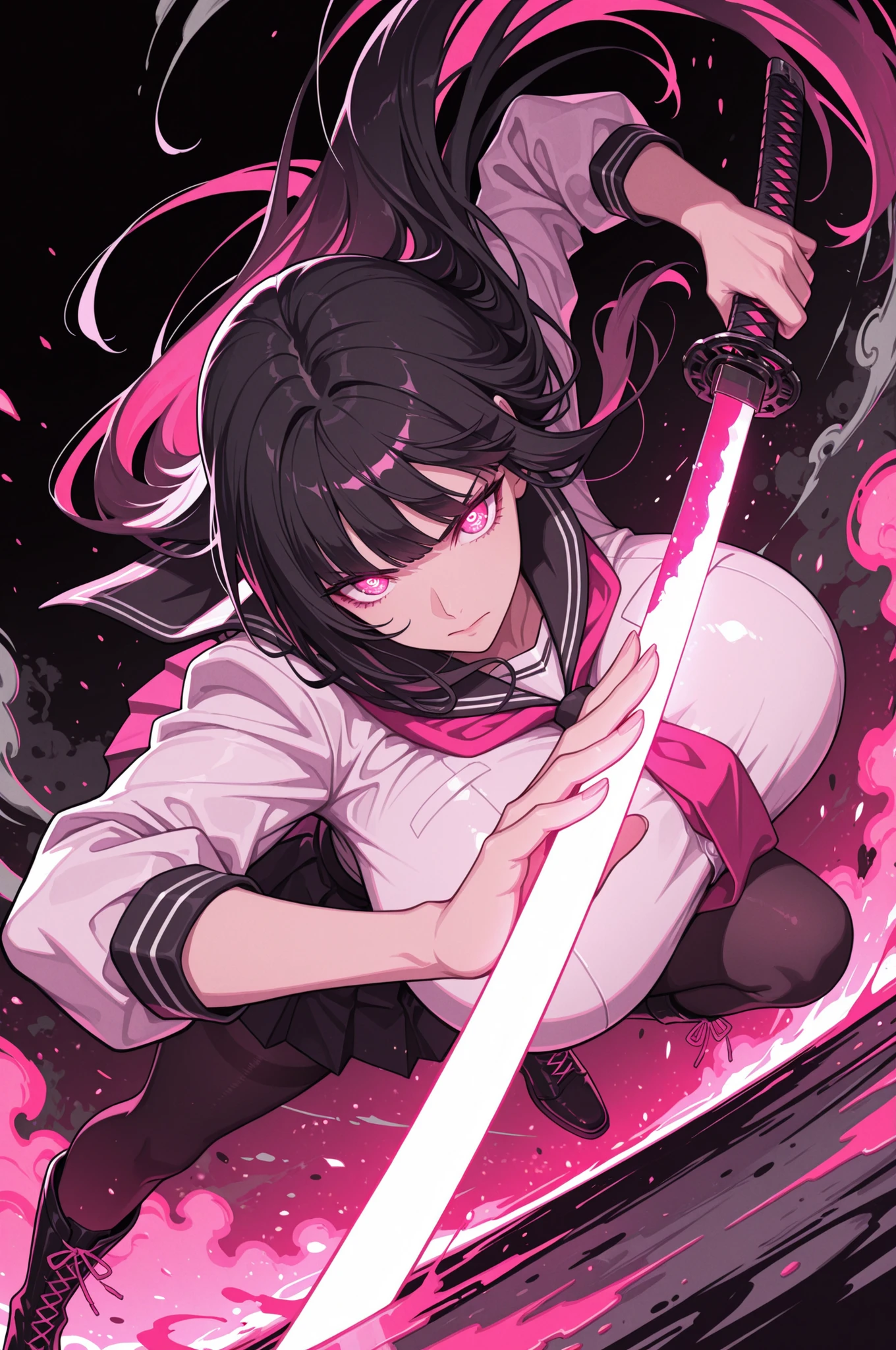 (((Masterpiece))), top Quality, dynamic composition, 1girl, hand on katana, unsheathing, school uniform, solo, black hair, looking at viewer, bangs, fuchsia eyes, long hair, closed mouth, embers, black background, boots, dynamic pose, dutch angle,foreshortening, twilight, glowing, ink background, abstract background, bright colors, dark, pink theme, gray smoke, neon trim, gigantic breasts,