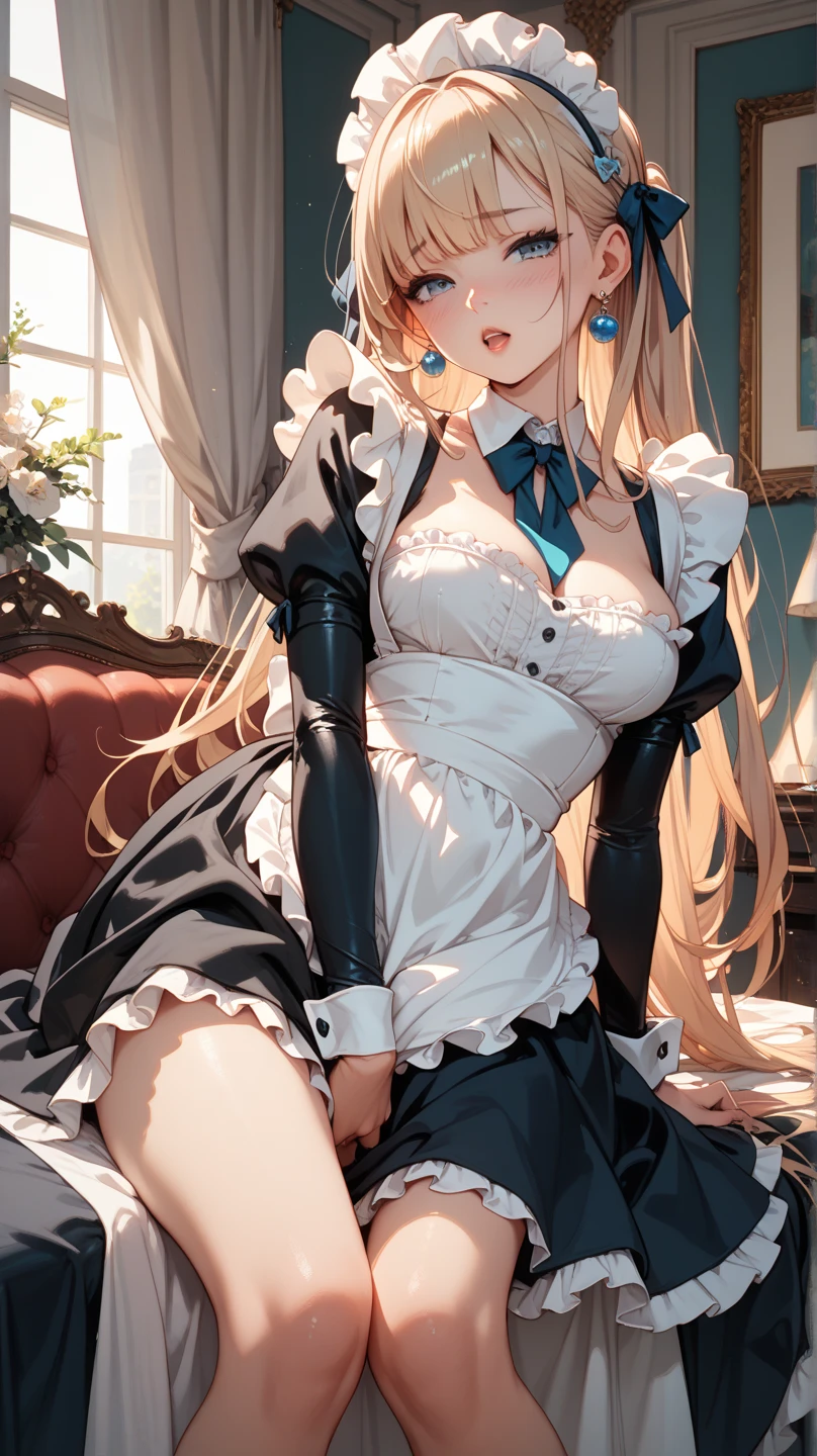 ((highest quality, Highly detailed CG Unity 8K wallpaper))、big beautiful breasts、sexually seducing me、((She lifts up her skirt to reveal white panties、blonde、maid、embarrassed look))