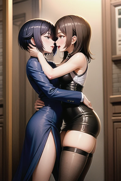 2girls,hug, kiss,Nishikino maki, Purple eyes,red hair, curvy body, big breasts,((sexy short bodycon dress)), strapless , sleeveless, bare shoulders, wrist band, police cap, sweaty, blushing, prison,llchar, embarrassed, saliva trail, saliva string