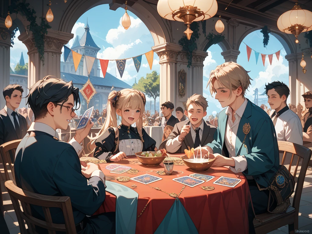 Masterpiece, best quality, wizard tea party, magic tea party, magic, chibi, handsome male witch, highly detailed realistic eyes, happy, vibrant, colorful, rich expressions, rich eyes