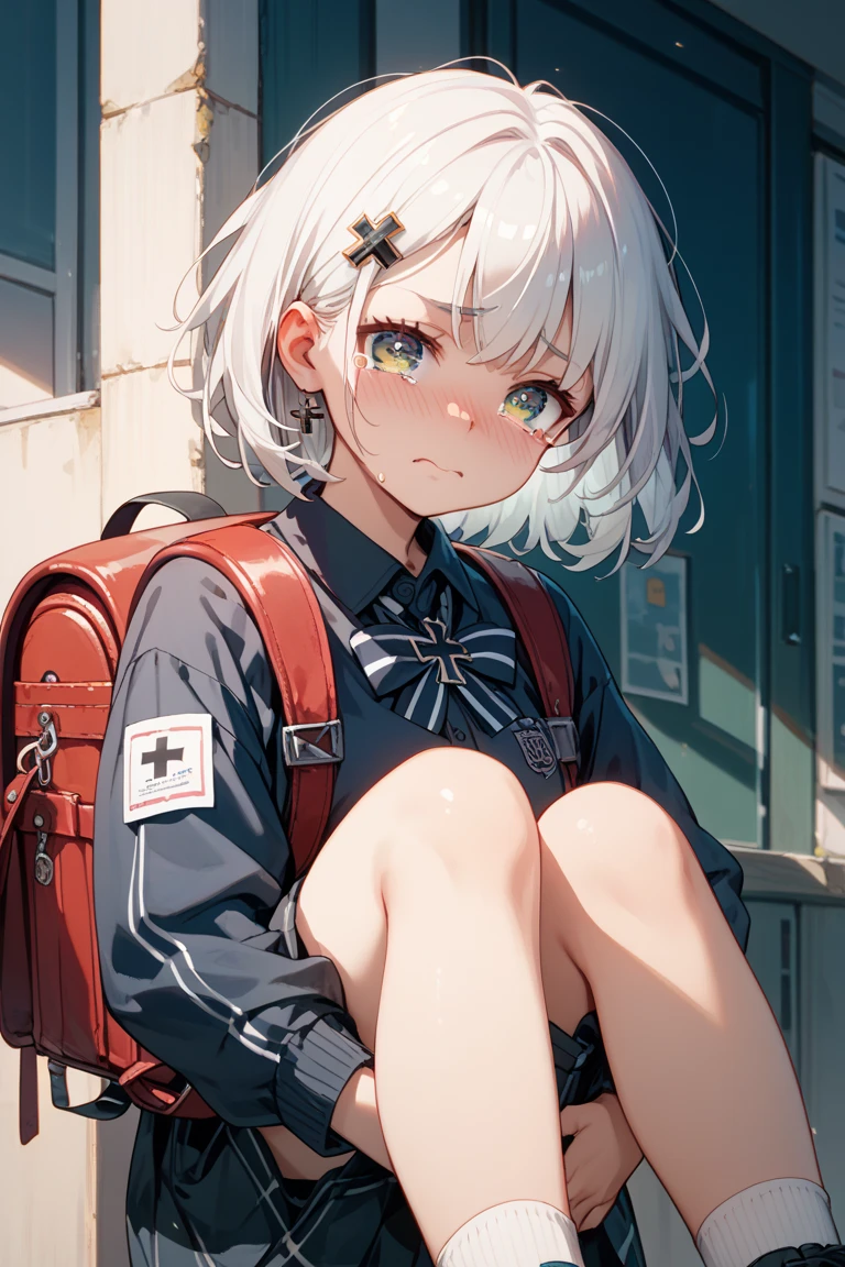 top-quality, Top image quality, masterpiece, 15 year old girl, pure white hair, Red Ribbon, (((Has rabbit ears on his head))), (Ears hide), (Black shortlack sneakers, Laptop in hand, ((short-hair)), Bright red eyes, 小柄, ((Camouflage beret)), full body Esbian, (Camouflage pattern clothing), Ruins, Slightly red tide, Smile modestly, Smile embarrassedly, (double tooth), ((Perspective from above))