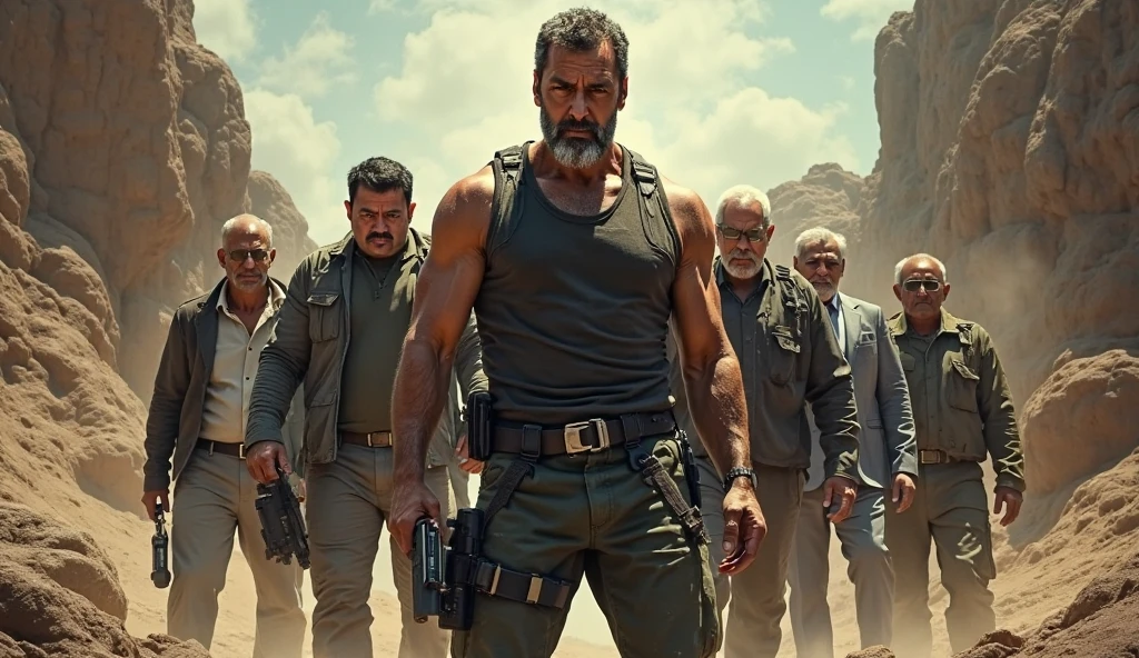 (Masterpiece, best quality, beautiful quality, realistic extremely detailed skin, extremely detailed hair, big breasts, crop top, shadows, 8K:1.2), (war ruins, camouflage uniform, a male old man male officer standing in the middle of the picture, a group of female bodyguards standing on either side of the male old man officer, highlighting the male old man officer protagonist, the girl bodyguard showing her navel and bare shoulders, the girl bodyguard and the male old man officer standing in a row, the male officer arrogantly and rudely looking at the sky: 3.0),