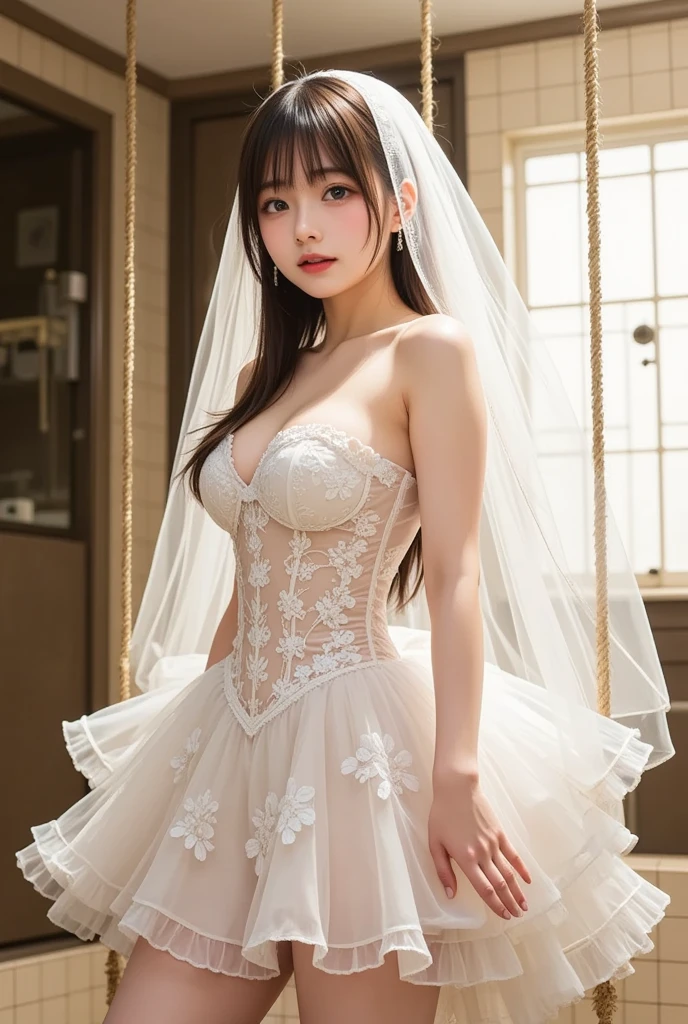 Close-up of a woman in a white dress and veil, Yoshitomo Nara, elegant corset, Tokuami Kojima, corset, frilled garment, Ayami Kojima, cute core, dress, Sakimi Zen, Sakura kinomoto, Ayami Kojima, wedding dress, frills, sand creek, big breasts