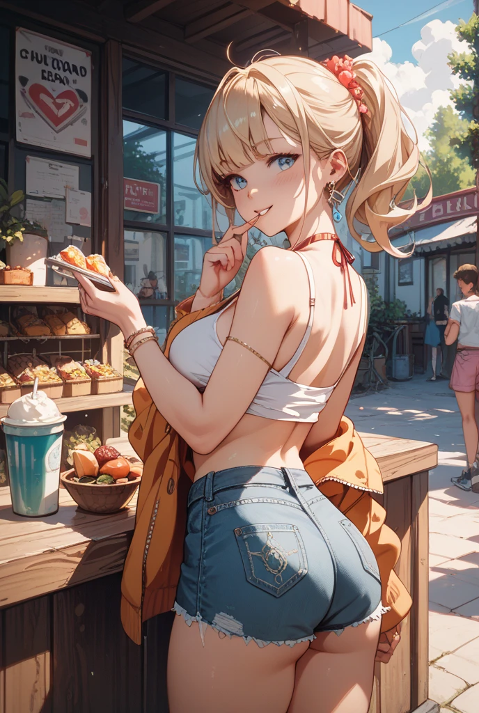 Top image quality、in 8K、a blonde girl、The long-haired、put out one's forehead、White Tank Top、Jeans shorts、sandal、Background、Ice cream shop、behind、Turned、s ass