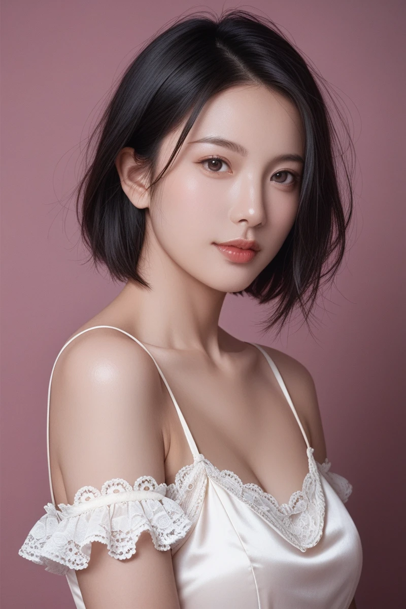 Create a (( mid-shot )) photorealistic image of a beautiful Asian woman with fair, smooth, flawless skin. She has large, round, sparkling eyes with naturally long and curled eyelashes, and well-defined, dark eyebrows. Her nose is straight and high, and her naturally pink, soft lips form a gentle smile. She has short, slightly curled brown hair that highlights her delicate facial features. Her face is oval-shaped, with a wide and high forehead, moderately high cheekbones, and a pointed, slender chin. (colored picture), (( )),((wearing white open shirt and black bra)), (()), As she confidently posing for camera, , studio light, gray background, full body
 (( waist to top))
