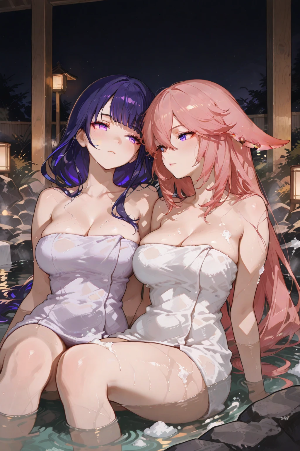 This is a hot spring deep in the mountains in the middle of the night.、You can see the night view of Lake Suwa in the background.、Stars reflecting off the lake、Beautiful starry sky、I can see the city lights in the distance、Mother and daughter relaxing in a hot spring、The two are mother and daughter and both have pale pink hair.、One of them is my daughter, a middle school student with pale pink long hair and small breasts.、The other is my mother, a 32-year-old busty woman with light pink, loose, short lob hair.、They are completely naked、They are completely naked.、I々You can see their pink nipples、I can see the pubic hair、They have a lot of pubic hair、Beautiful nudes、R18 illustrations、Erotic manga、Erotic illustrations、2D illustration、Japan anime、drawn by Japanese ilastrator、high resolution、4K quality、High Quality、High resolution、5 megapixels、High Detail、Beautiful background、I can see her breasts, navel, vagina, clitoris and labia majora.