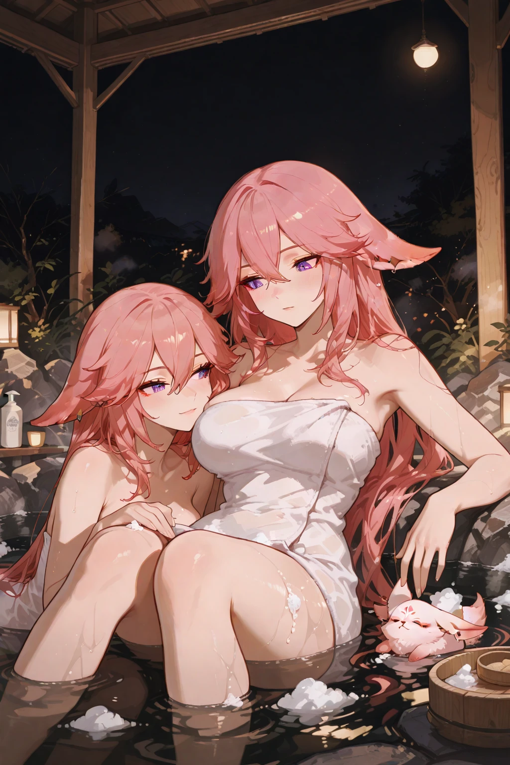 Two girls putting their hands on their chests、Super long hair、nude, nipples, navel, pussy, sexy breasts、blonde and pink hair、Create a heart shape with a heart-shaped effect for viewers):1.5、The background desert, quicksand, sinking