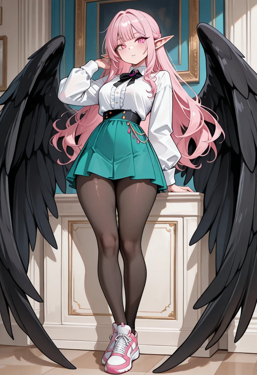 giant girl 50,000 feet high，Weight 1000kg，Have a pair of long legs，Keep your eyes open，Has three pairs of huge white angel wings，With huge devil horns on his head，wear a crown on your head，Elf wearing white earrings，She has long pink hair that reaches her feet，loose hair，Pink wavy long curly hair，Wearing a pair of black boots on her feet，white sleeves，Wearing white lace pantyhose，Bow and star embellished tights，白色蕾丝whole body，Sit on a tall building，Beautiful appearance，Exquisite makeup，quality，8k，高quality，Perfect proportion, Cinema lighting，film grain，Fuji colors，8k，textured skin，Super details，high detail，high resolution，charming，blood stains，脚底有blood stains，whole body，fat，elf princess，feather，flowers