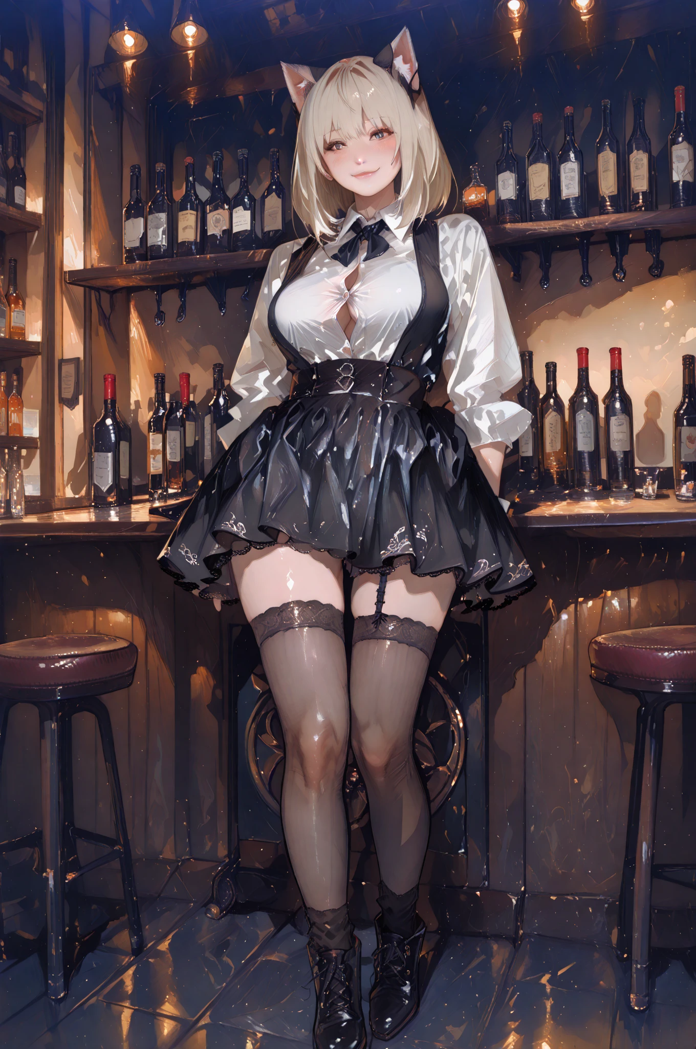(((HD photo))), ultra high res.photorealistic:. 1.4, UHD, masterpiece, trending on artstation, 1girl, pretty, (detailed cute face, detailed perfect eyes, detailed lips, perfect nose), (beautiful eyeshadow, detailed a little makeup), most beautiful in the world, soft, delicate, (very short hair, blonde:1.3), (cute middle breasts, slim waist), (wearing a white top), (wearing a skirt, thong straps, black short stockings), ((perfect anatomy) ,(standing with cross legs near the bar, looking at camera at favorite night club)), (facial expressions are happy and smile)