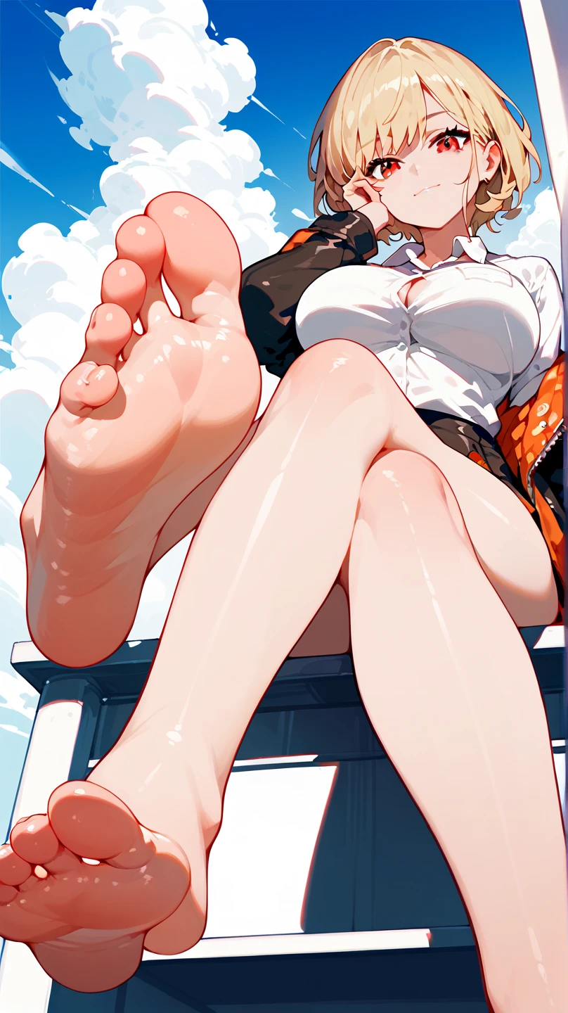 (continent from sky view in front of a giantess breasts and face: 1.5), (huge village city from sky view in front of a giantess looking down on them: 1.2), (:3), (nipples), big thighs, closeup breasts and face, mountains, cliffs, hills, (long landscape: 1.2), (from below view: 1.2), (very skinny: 1.2), big , (sky background), (very tall: 1.3), (continent island: 1.2), (dark sky: 1.1), barefoot, (sitting down), (continent from sky view: 1.2), navel, (looking down: 1.2), (cute mature teen very tall: 1.3), (soles: 1.2), (long and big feet: 1.7), (adult teen girl: 1.3), (closeup foot: 1.5), (naked: 1.2), hair buns, blonde hair, yellow eyes, long bangs, messy hair, short hair, (yellow coat white shirt), big breasts, (white panties), (cameltoe)