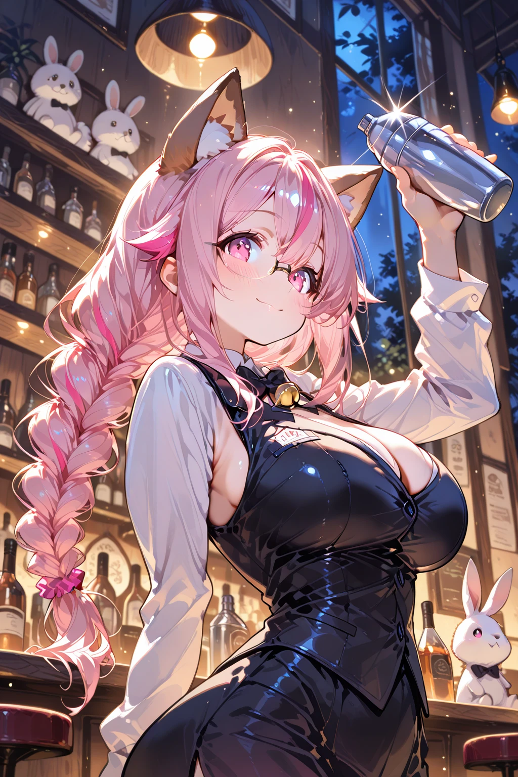 (8K, masutepiece, Best Quality, Official art, Breathtaking beauty and aesthetics, A highly Beautiful detailed, beautiful lighting, The best masterpiece in history that exceeds limits:1.2), (1 Girl, Solo), (16 years old), (Beautiful detailed face), (shiny white skin), (Beautiful big bust, cleavage:1.3), (thighs, zettai_ryouiki, thigh_gap, black fishnet pantyhose, garter straps, garter stockings:1.2), (Beautiful detailed pastel pink twin tails hair, Bangs:1.3), (beautiful detailed droopin pink eyes:1.5), (Beautiful detailed cute black playboy bunny costume, black See-through intricate lace, black bow ribbon, rabbit ears:1.3), (happy smile:1.2), (Attractive, sensational, Look at the camera, cute pose, standing), breathtaking scenery, (ultra detailed realistic beautiful bar counter, Liquor, Cocktail glass, Wine:1.2),