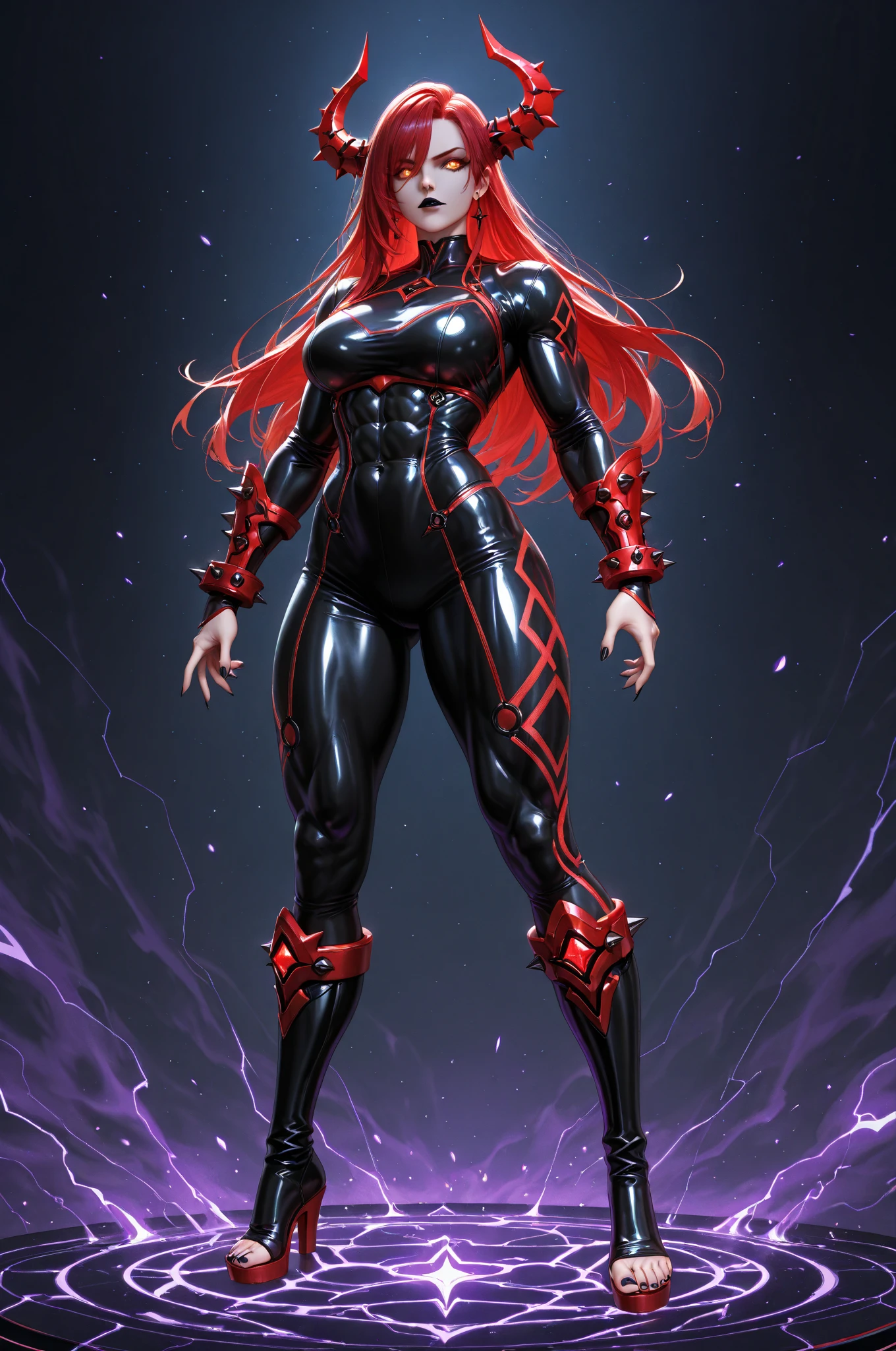 (beautiful girl:1.25), (megan fox:1.25), (young bodybuilder girl wearing cybernetic muscle suit:1.25), (medusa head with tentacles:1.25), carnage muscular physique, seductive face, mouth wide open carnage style, long red hair, perfect muscular body, super skinny legs, sissy, femboy, (carnage style physique), (large fake breasts:1.45)