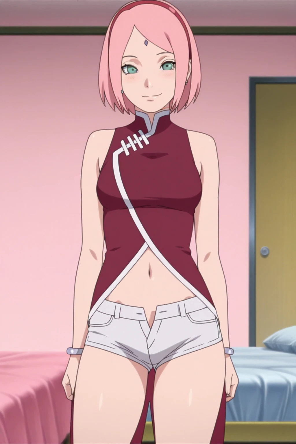 masterpiece, 4k, portrait, cowboy shot, (wood house BACKGROUND), professional artwork, intricate details, colorful, digital blending, (ultra detailed body, ultra detail hair, ultra detail face), trending on pixiv, kind smile, best quality, anime style: 1.9, 1girl, hires, haruno sakura, (forehead mark, milf, red hairband, pale skin, (small breasts), short hair, ((topless), white pants), ((navel, belly button), slender body, slender belly, bracelet, pink hair, open mouth, big eyes), smile, beach, wind, floating hair, detailed arms, off-shoulders, broad shoulders, (((both) hands spreading to both sides)), ((laying on floor)), talking, looking at the viewer))), (((flexing))), (((ultra detailed arms)))). (((curvy: 1.2))), (((flat belly))), (((one hand covers both breasts)))
