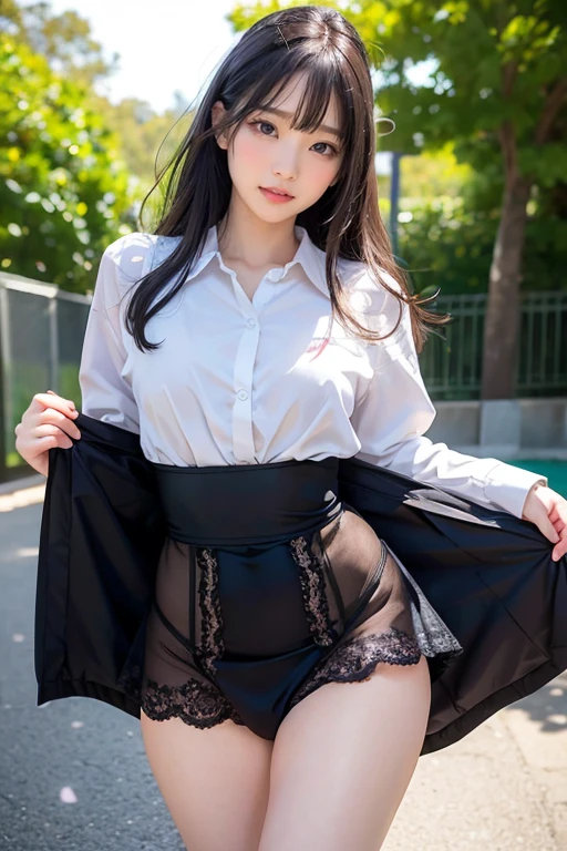 Woman in a suit standing on the sidewalk,((23-year-old woman))、small Breasts、Dark brown hair color、Hairstyle with bangs、Various hairstyles、Hairstyles of different lengths、(8k, RAW Photos, highest quality, Tabletop: 1.2),、(Realistic, Realistic: 1.3), Cityscape, Day, Sunny Morning, Professional Lighting, Photon Mapping, shirt, (Woman in a suit,) Silk Suit、Pencil Skirt、Tight Skirt、((Delicate photo)),(Detailed RAW Photos of Girls), (Tabletop:1.25), (highest quality:1.6), (超A high resolution:1.5), (Realistic:1.75), 8k resolution, Canon EOS R5, 50mm, absurdes, Ultra-detailed,Cinema Lighting, (Skirt Lift:1.5)、nsfw、the wind is strong、smile、Skirt flipped up, ((panties)), beautiful pussy, nsfw,