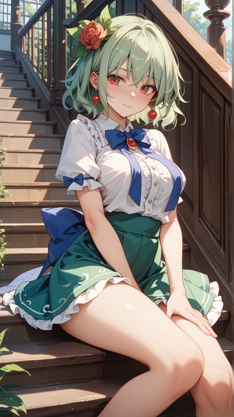 (masterpiece, best quality), 1girl, Apple green Short Wavy Hair with, very big Size DD breasts, Pearl gray Corset top and Ruffled mini skirt with a polka-dot pattern, kneehighs, Sitting with legs stretched out and arms crossed over the chest