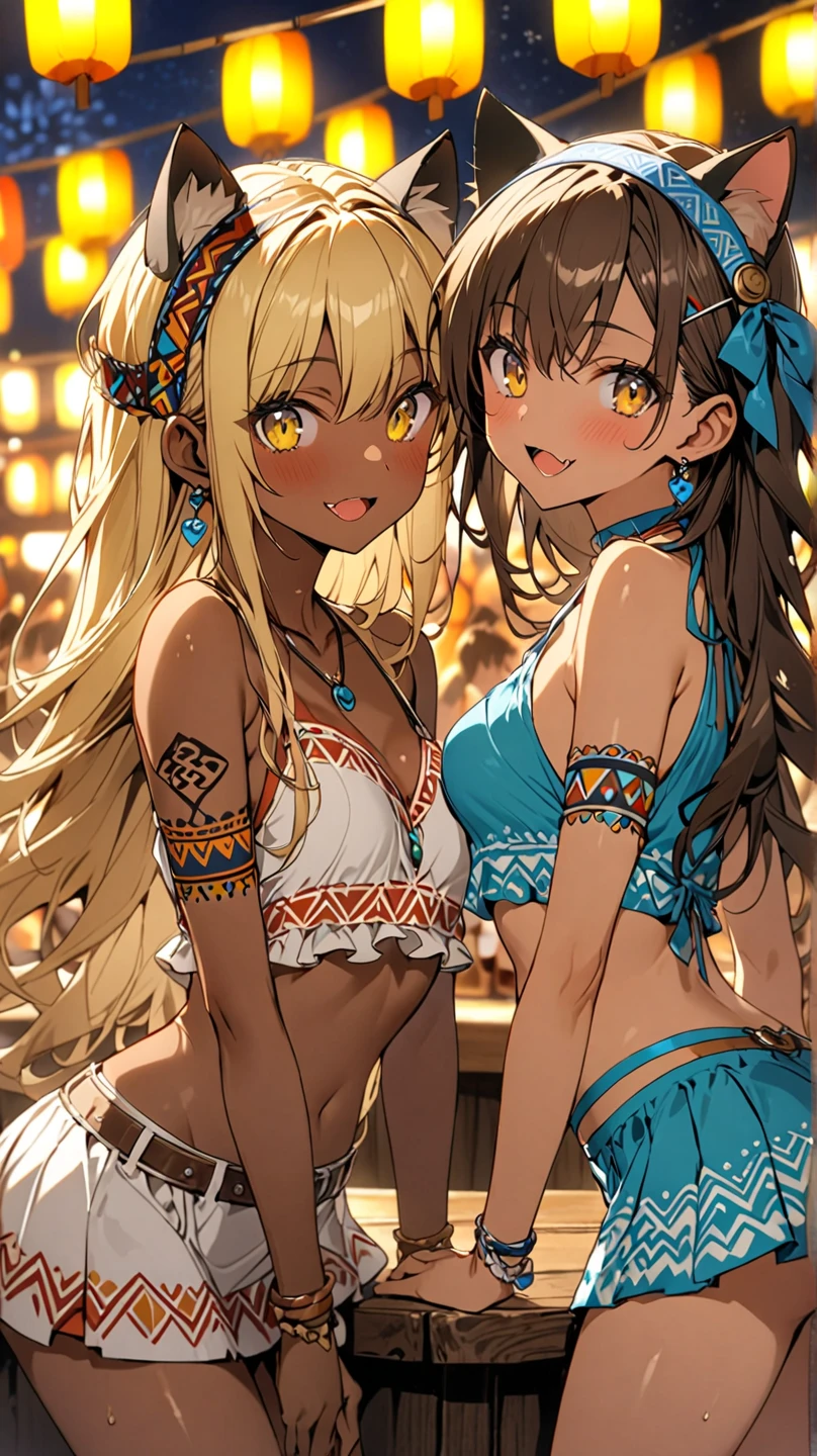 masterpiece, best quality, 2girls, 10yo, (petite), cowboy shot,
smile, standing, wearing samba dance dress, flat chest, nipple slip, carnival party,
