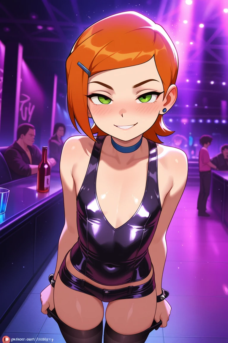 (high-level image quality), (high quality), (high resolution), (detailed), (masterpiece), beautiful woman, ((caucasian)), red hair, short hair, dark red lipstick, busty, slender body, Detailed eyes, perfect eyes, Detailed face, sensual dress, backside, seductive face, nsfw, ((club)), portrait