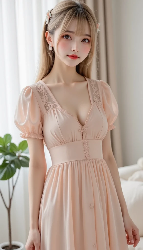best quality, masterpiece, photorealistic, high resolution, solo, 1 girl, realistic and detailed skin,standing,panty drop,  look at viewer,blond short hair, 20-year-old, see through clothing,vivid colors,colorful clothing,breasts partially insight, (glasses with thick frame:1.4), slender body shape、((legs spread)), sexy lips,(sexy lace short dress:1.4),earrings、necklace