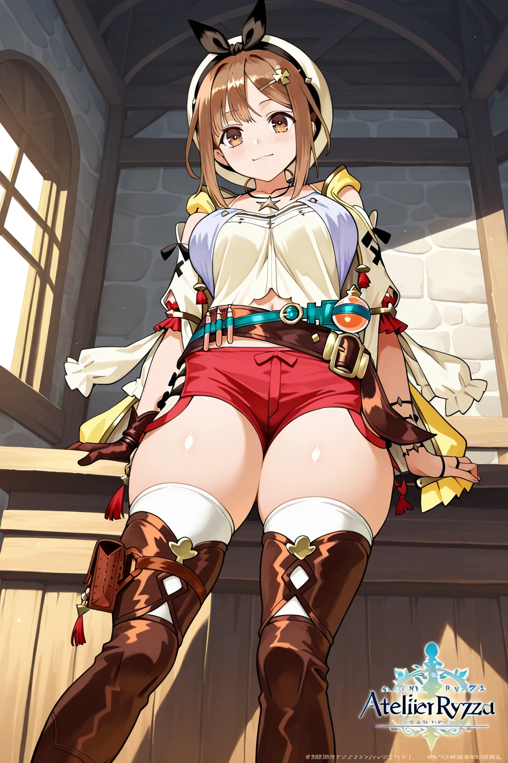 masterpiece, 1girl, sparrow, a blonde haired girl, wearing a brown viking clothes, curly medium hair, messy hair, slim body, wearing furry capelet with hoody, he close her left eye, shirt ornament, aqua eyes, sho show her back, ahoge, red vest, baby face, big breast, beautiful breasts, rounded breasts, braid hair, long sleeves, beautiful eyes, white stocking, droopy eyes, her age is 19 years old, smile, ancient viking