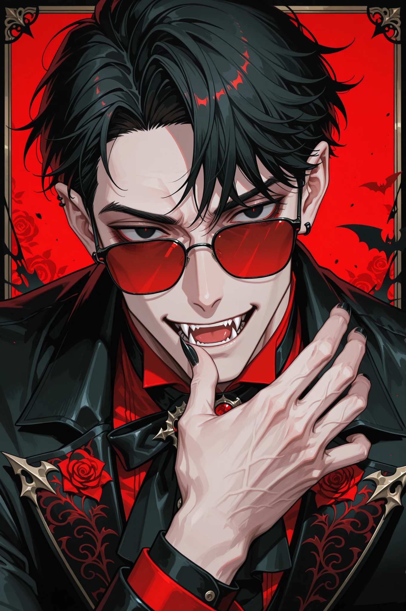 1boy, adult male, digital portrait of a fashionable anime male vampire with black hair, fangs, and goth clothing; his black eyes are hidden behind red sunglasses, his nails are long and clear, his accessories are ornate and detailed, dramatic, stylized with black and red color palette with detailed textures emulating digital illustration, ultra-detailed, intricate details,masterpiece, best quality, amazing quality, hyper-detailed, newest, very aesthetic