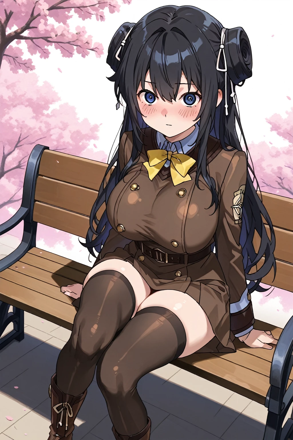 ((anime:1.25)),,((best quality)), ((highly detailed)),(((sketch:))) extremely detailed face, beautiful face,((1girl)),((solo)),shiny skin,((full body)),(looking at viewer),alicia melchiott,(twintails),((thick thighs:1.05)),(brown hair:1.25) (headdress), ((red necktie)), (military uniform),((skirt lift:)),, ((blue thighhighs:1.05)), (brown gloves),(large breasts),((curvy:1.15)),((pussy:1.35)),((outdoors:1.25)),,,((park,bench:1.5)),((sitting:1.35)),((sit on bench:1.35)),((nose blush:1.45)),(bad mood,smile:0.95),,closed mouth,REAK (military boots:1.15),,((spread legs:1.35)),((rms behind back)),