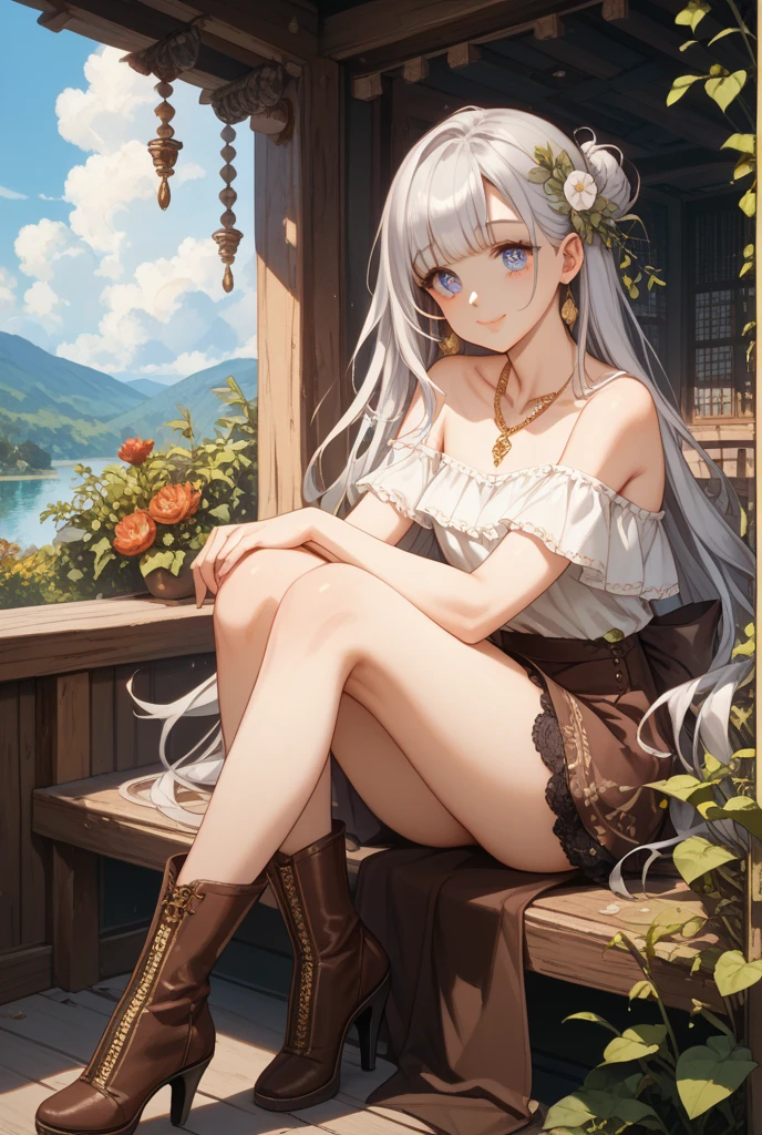 official art, masterpiece, sharp focus, (beautiful gorgeous cute Korean woman:1.3), (beautiful cute korean:1.3), korean beauty, Delicate and beautiful hair and eyes and face, realistic, ultra detailed, beautiful girl, blue sky, glow white particle, (sidelighting:1.2), sun light, white cloud, detailed clouds, slender, Lovely very large breasts and very large hips,showing pink slip and smiling, (((shy and aroused, pink eyes)), scenery, long straight hair, sexy facial expression, building, (castelscape:1.7), dynamic hair, blonde long straight hair, detailed hair, streaked hair, glow pink wink eyes, (Star-shaped pupils), (fiery rose pleated skirt+white off shoulder blouse), white long socks, pale skin, epic scenery, (Tiara:1.5), hair ornament, Princess white gloves, Wet body, Holding Fiery Rose, sexy look,