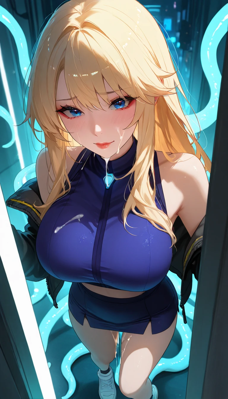 1girl,solo,super detailed skin,shiny skin,wet oily skin, expressionless face,half open mouth,eyelashes,yellow hair,ponytail,long hair,large breasts,unique and complex clothes,night fantasy pond,luminous pond,glowing water,dynamic angle,masterpiece,best quality,ultra detailed,high resolution,sharp focus,depth of field
