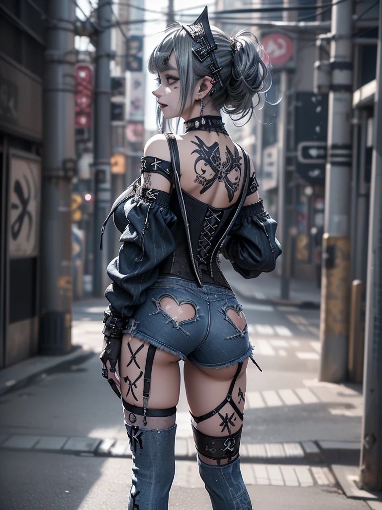 (Back view:1.3)、(Look over your shoulder:1.3)、(Show off your beautiful ass:1.4)、(Crouch:1.4)、(Smiling with teeth showing:1.3),(Shibuya Gal:1.5)、(Dark fantasy world:1.4)、(Neo-Goth Fashion:1.5)、(Punk RockVisual Kei:1.3)、(Futuristic black, white and pink bodysuit:1.5)、(A delicate denim and white cardigan:1.5)、(Gorgeous decorated corset:1.4)、(Red Garter Belt:1.5)、(Denim and pink cargo pants:1.3)、(Heart-shaped silver accessories:1.5)、(Brown Skin Belt:1.4)、(Blue High Heels:1.4)、(Lace underwear:1.4)、20-year-old、Browsing Caution,((Highest quality、In 8K、masterpiece:1.3))、Sharp focus:1.2、(Layered Cut、Huge breasts:1.1),Beautiful woman with perfect figure:1.4、(Dance vigorously:1.3)、Slim Abs:1.2、Butt、Highly detailed face and skin texture、Fine grain、double eyelid,(Twin tails:1.3)、(Brownish golden hair:1.3)、Obscene、Idol Sculpture、(The background is a cityscape of a fantasy world:1.3)、(Slimming your legs:1.4)、(The body is slim:1.3)、(clavicle:1.1)